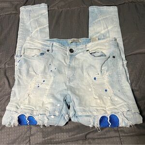 Track 23 Blue Denim Jeans Embroidered Broken Heart Distressed Size 32 32x30